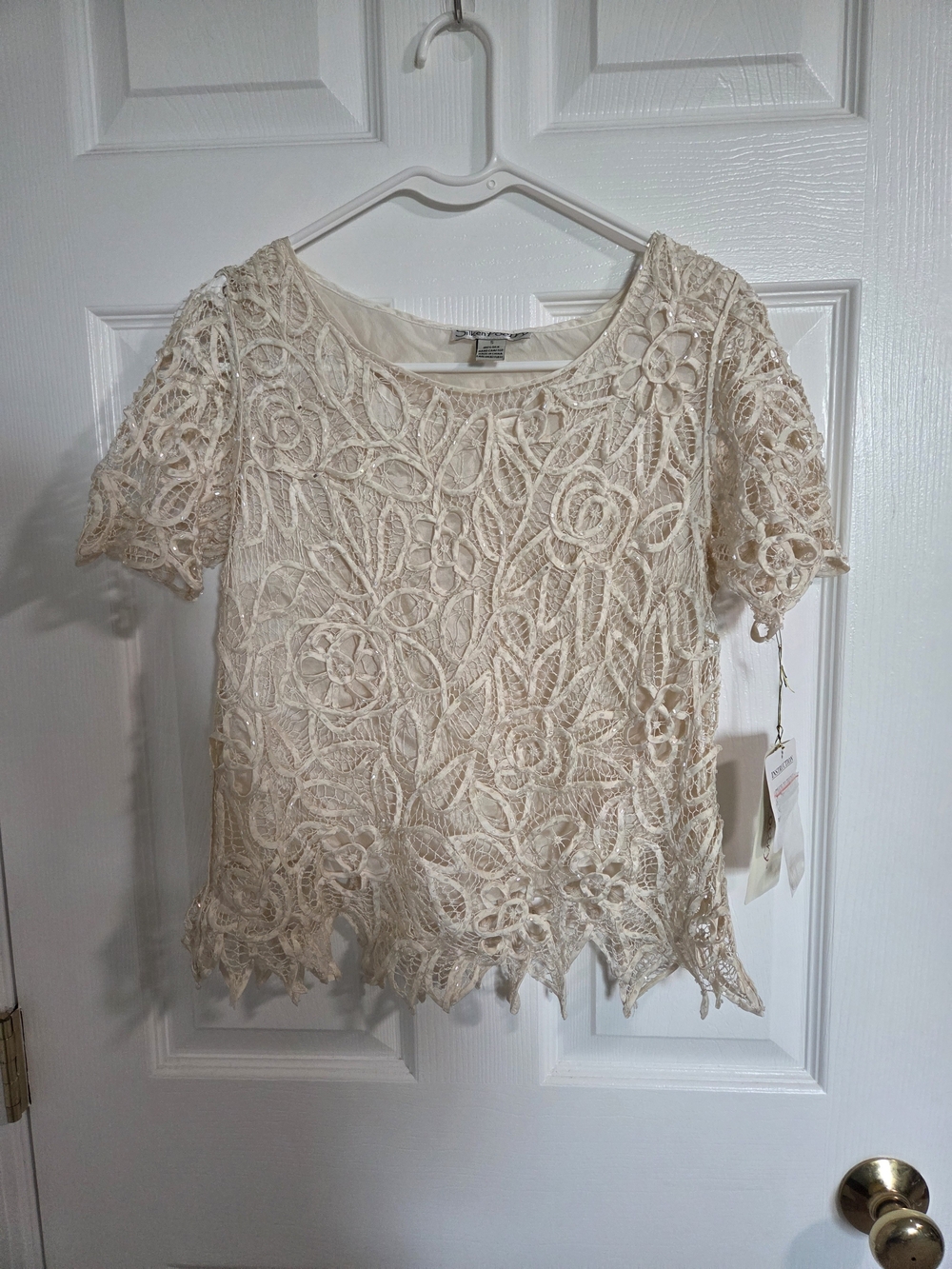 Vintage Silk Cream Floral Lace Short Sleeve Top